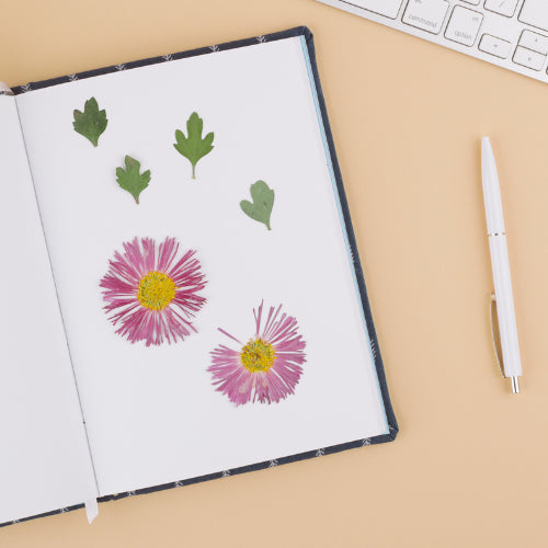 Dibujo de flores sobre libreta de bolsillo.